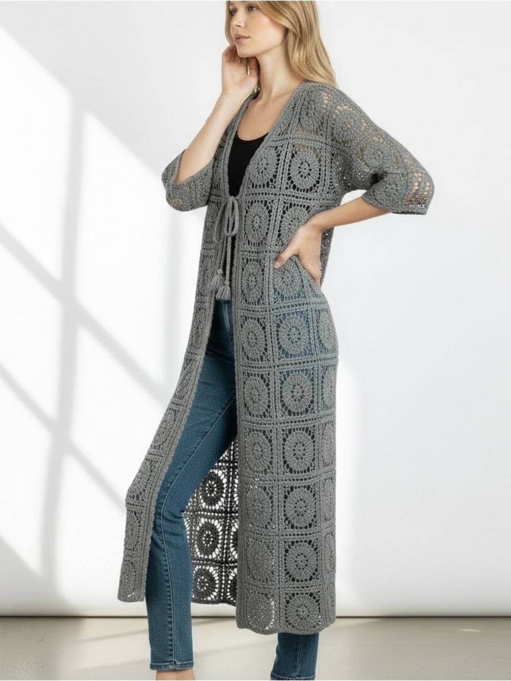 POL | Women’s Gray Tie-Front Crochet Duster Cardigan OS Longline Granny Square